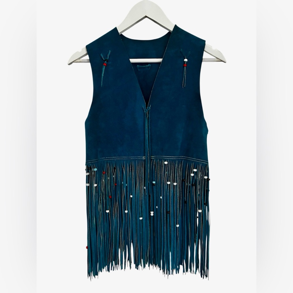 Genuine Leather Suede Fringe Festival Vest | Teal Blue | XS